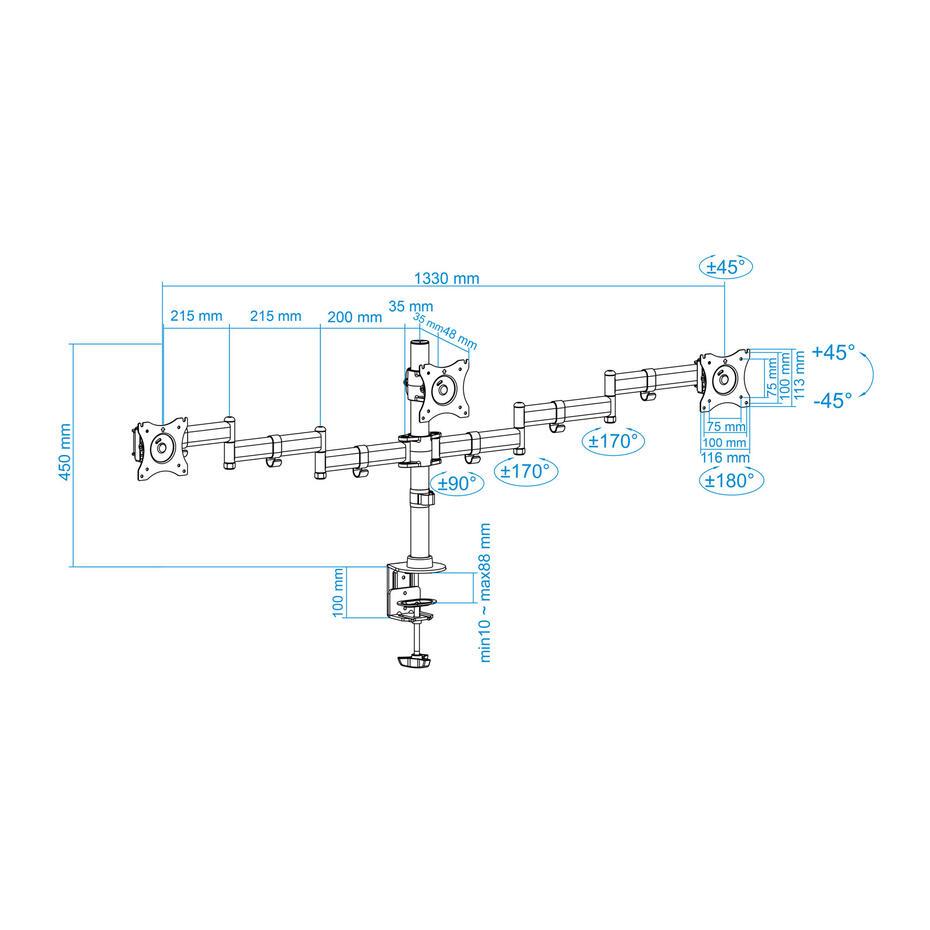 Suporte de Mesa para 3 Ecrãs de 13-27 DB1327TN-B